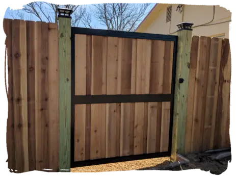 Cedar Board on Board Privacy fence with Aluminum Gate Frame & Solar Post Caps